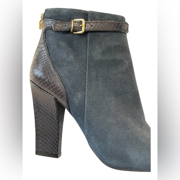 Tory‎ Burch Gracie Suede Navy Ankle Boots Embossed Alligator Leather Heeled 8.5 - Picture 7 of 15
